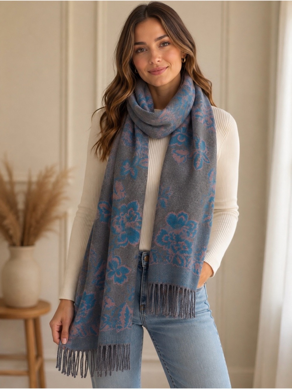 Pretty Persuasions Grey Floral Scarf with Blue Accents